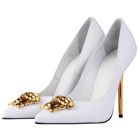 versace white leather shoes|Versace chunky heels.